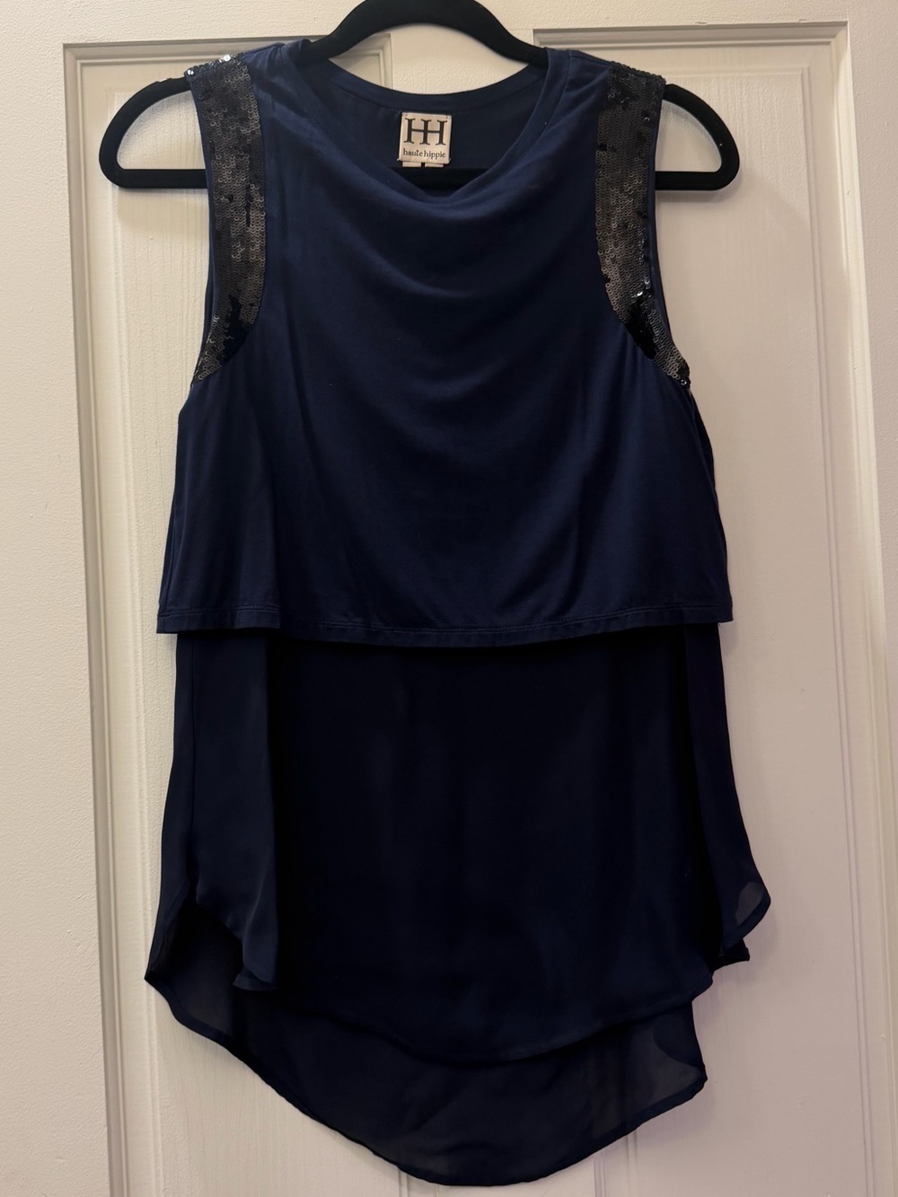 Navy Blue Layered Sleeveless Sequin-Shoulder Blouse